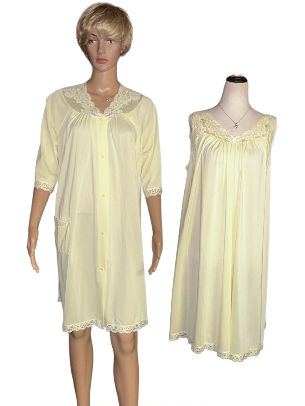Shadowline ~ Women's Medium ~ Yellow ~  Nightgown & Robe Set W/Lace & Embroidery